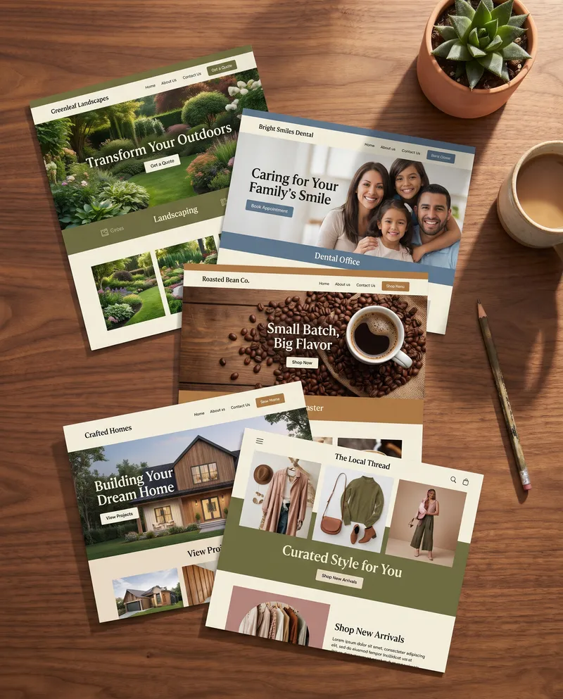 Homepage designs for a landscaper, a dentist, a coffee roaster, a home builder and a boutique, laid out on a desk